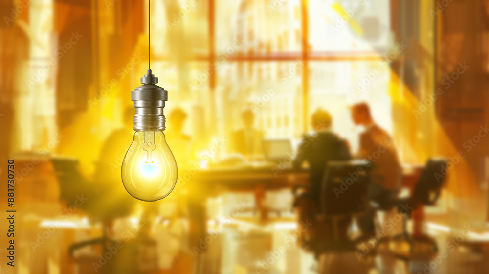 Poster a glowing light bulb in focus with blurred business people in the background, depicting a concept of