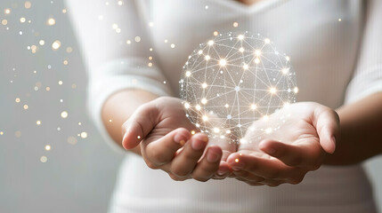 Hands presenting an illuminated digital globe, with a glowing network pattern, set against a soft-lit background, concept of connectivity. Generative AI