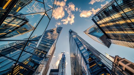 Naklejka premium Looking directly up at the skyline of the financial district in central London 