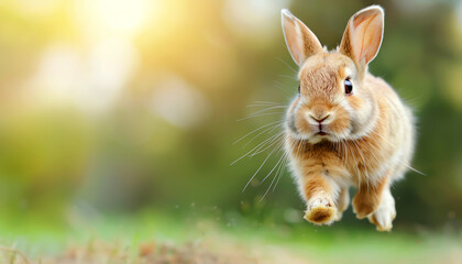 Adorable brown rabbit hopping in a meadow with a beautiful bokeh background, showcasing its cute and playful nature under sunlight.