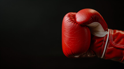 Close-up of a red boxing glove against a dark background, symbolizing strength, sports, and competition.