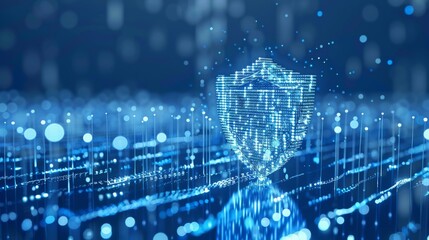 AI-Powered Security: Digital Blue Guard Shield Icon with Glowing Binary Code, Representing Advanced Threat Detection and Real-Time Surveillance