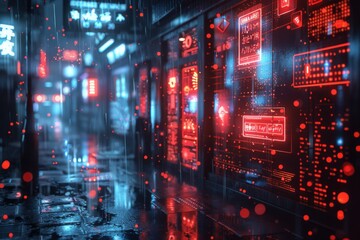 Fototapeta premium Cyberpunk Cityscape with Red Neon Lights and Rain