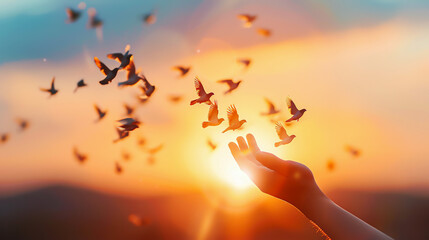 Hands releasing birds at sunset, symbolizing freedom and peace, with a beautiful sky in the background.