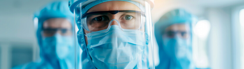 Healthcare professionals in full protective gear, including face shields and gowns, ensuring safety during a medical procedure or pandemic.
