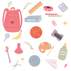 School stuff, supplies bundle. Stationery, items, accessories, elements for education. Book, magnet, computer, molecule set for different subject. Flat vector illustration isolated on white background