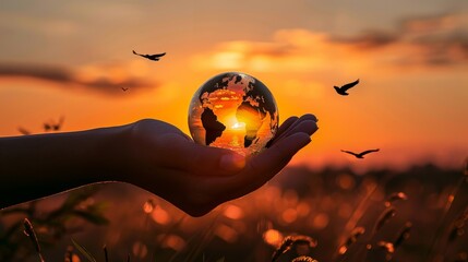 Hand Holding Glass Globe with Birds Flying at Sunset Representing Environmental Care and Freedom