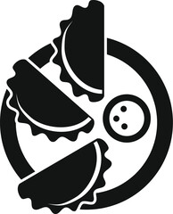 Black solid icon for a plate of empanadas being served with dipping sauce, isolated on a white background