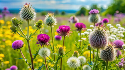 Obraz premium Vibrant weeds including nettle, thistle, and wormwood bloom in the foreground against a soft, green field background, with delicate flowers and lush foliage on display.