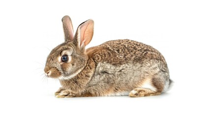 Studio shot of a rabbit sitting and looking forward on a white background.