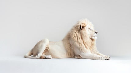 Obraz premium Studio shot of a white male lion sitting and looking forward on a grey background.