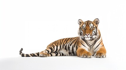 Fototapeta premium Studio shot of tiger sitting and looking forward on a white background.