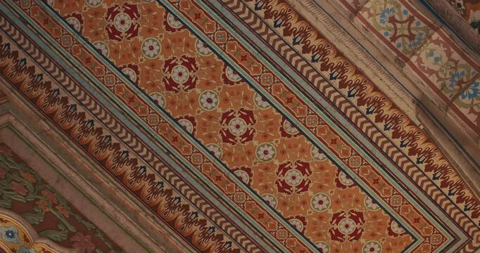 Jaipur, Rajasthan, India. Patrika Gate at Jawahar Circle. Interior inside, many Colorful ornament patterns on old walls. old Pink city. Celling in ornament Slow motion