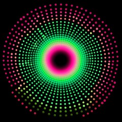 A colorful, abstract pattern with a spiral of green and pink dots radiating out from a black center