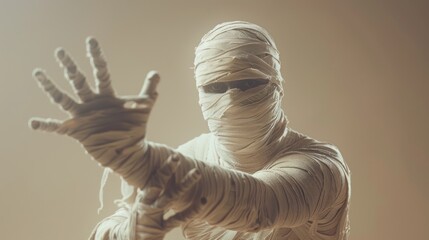 Close-up of a man dressed as a mummy, wrapped in bandages and reaching out, wearing a white mummy costume, standing in front of a beige background, Portrait close-up, hyper-realistic, high detail,