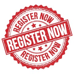 REGISTER NOW text on red round stamp sign