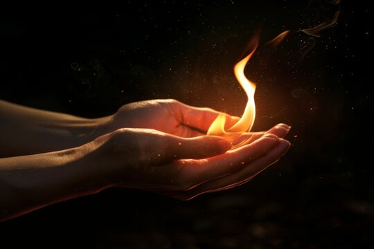 Close-up of open hands gently holding a small flame against a dark background. Concept of hope and warmth. Beautifully captured moment with soft light and shadows. Generative AI
