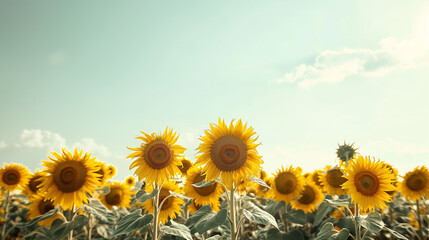 Obraz premium A field of yellow sunflowers with a blue sky in the background