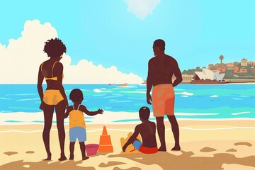 A family of four is enjoying a day at the beach