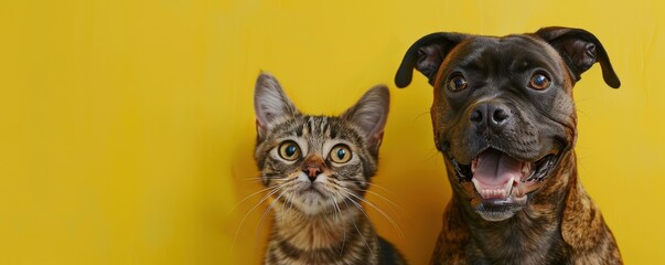 Fototapeta premium A cat and a dog are standing next to each other on a yellow background. Free copy space for banner.