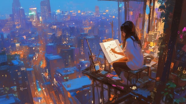Asian girl creating art in a city loft with a vibrant skyline in the evening in Lofi art