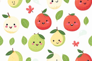 A guava pattern with cute faces showing various emotions, on a white background