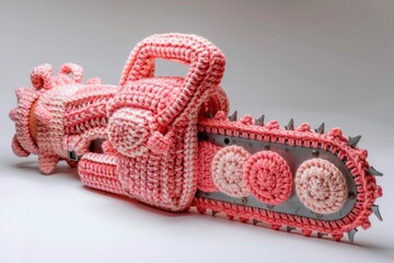 Cute Pink Knitted Chainsaw - Surreal Art, Handmade Craft, Unique Crochet Creation.