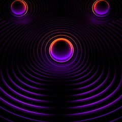 Three spheres, emitting a purple and orange glow, float above a black background with concentric circles