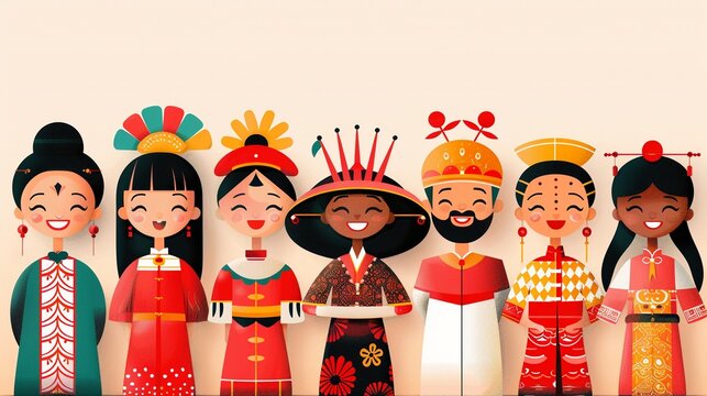 Traditional costumes of various populations in a gallery, cultural display, flat design illustration
