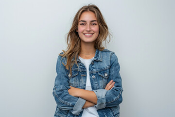 A young woman in a denim jacket smiling with arms crossed against a plain white background, conveying confidence and casual style. - Powered by Adobe