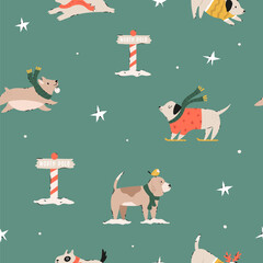 Festive Christmas seamless pattern with hand-drawn adorable dogs