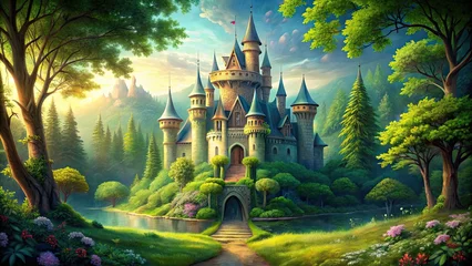 Wanddecoratie Sprookjeswereld Enchanted forest castle surrounded by lush greenery, fit for a fairytale prince and princess, enchanted, forest, castle  © Sujid