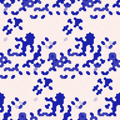 Faded electric blue glitch geo washed effect seamless pattern. Indigo dye grungy blotched distress abstract background texture repeat. 