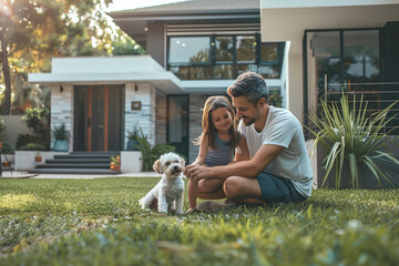 A father and daughter playing with their small white dog on a well-manicured lawn in front of a modern house.
