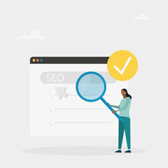 SEO optimization. An analyst who works with website data, analyzes search queries and selects keywords. Vector illustration	
