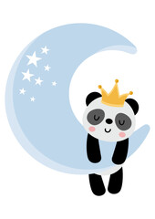 Cute panda sleeping on moon with crown on head