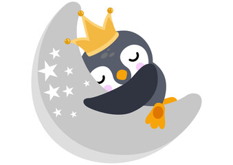 Cute penguin sleeping on moon with crown on head