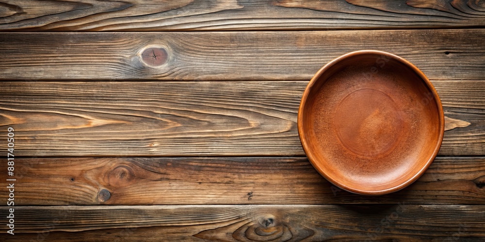 Poster Empty clay dish on weathered wooden tabletop, top view flat lay, clay, dish, empty, ceramic, table, wooden, rustic, vintage