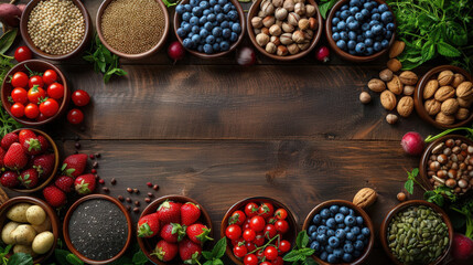 Fototapeta premium Assorted fresh fruits, nuts, and seeds displayed on a rustic wooden table, creating a vibrant and healthy food arrangement.