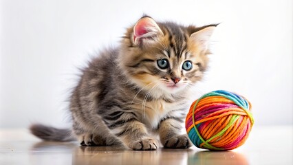 Fluffy kitten playing with colorful sewing ball, kitten, fluffy, cute, pet, adorable, playful, sewing ball, yarn, hobby, craft