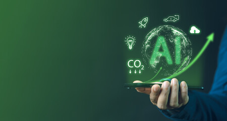 Explore the innovative use of AI technology for green space development with a businessman demonstrating a virtual world of eco-friendly solutions on his smartphone screen