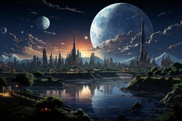 Futuristic Cityscape Under a Giant Moon