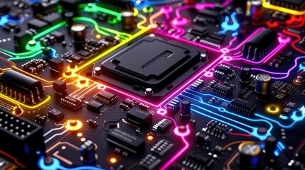 Obraz premium Close-up of a vibrant and colorful electronic circuit board with glowing pathways, showcasing modern technology and intricate design.