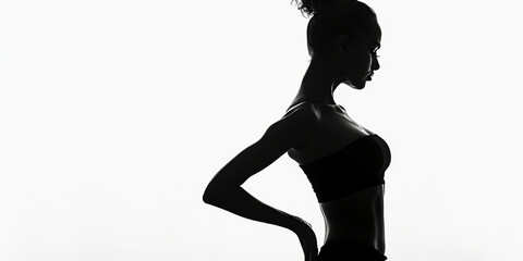 A woman is standing in front of a white background