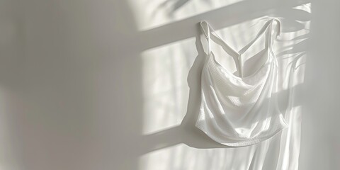 A white tank top is hanging on a wall