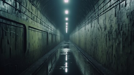 Fototapeta premium Moody Underground Tunnel with Dim Lights and Reflections