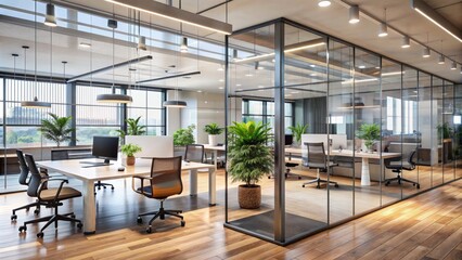 Modern office interior with sleek glass partition wall and blurred background, featuring empty desks, ergonomic chairs, and contemporary decorations in a corporate setting.