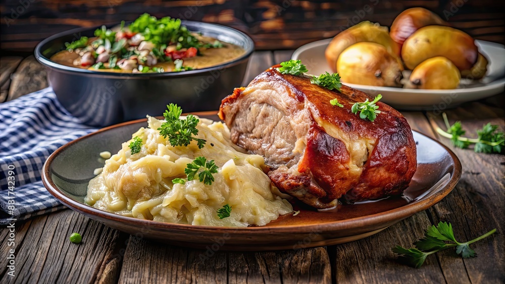 Canvas Prints Delicious knuckle of pork served with sauerkraut and creamy potato mash, food, German cuisine, pork knuckle, sauerkraut