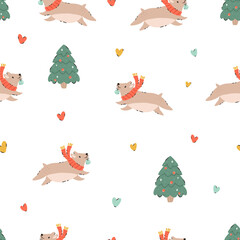 Festive Christmas seamless pattern with hand-drawn adorable corgi dogs