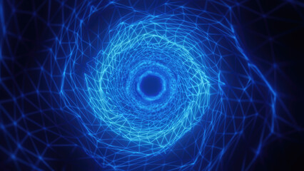 Abstract bright blue glowing background with a tunnel of lines and stripes of energy of burning rays of plasma and electricity with light